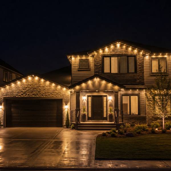 Front elevation of a home with warm permanent roofline lights